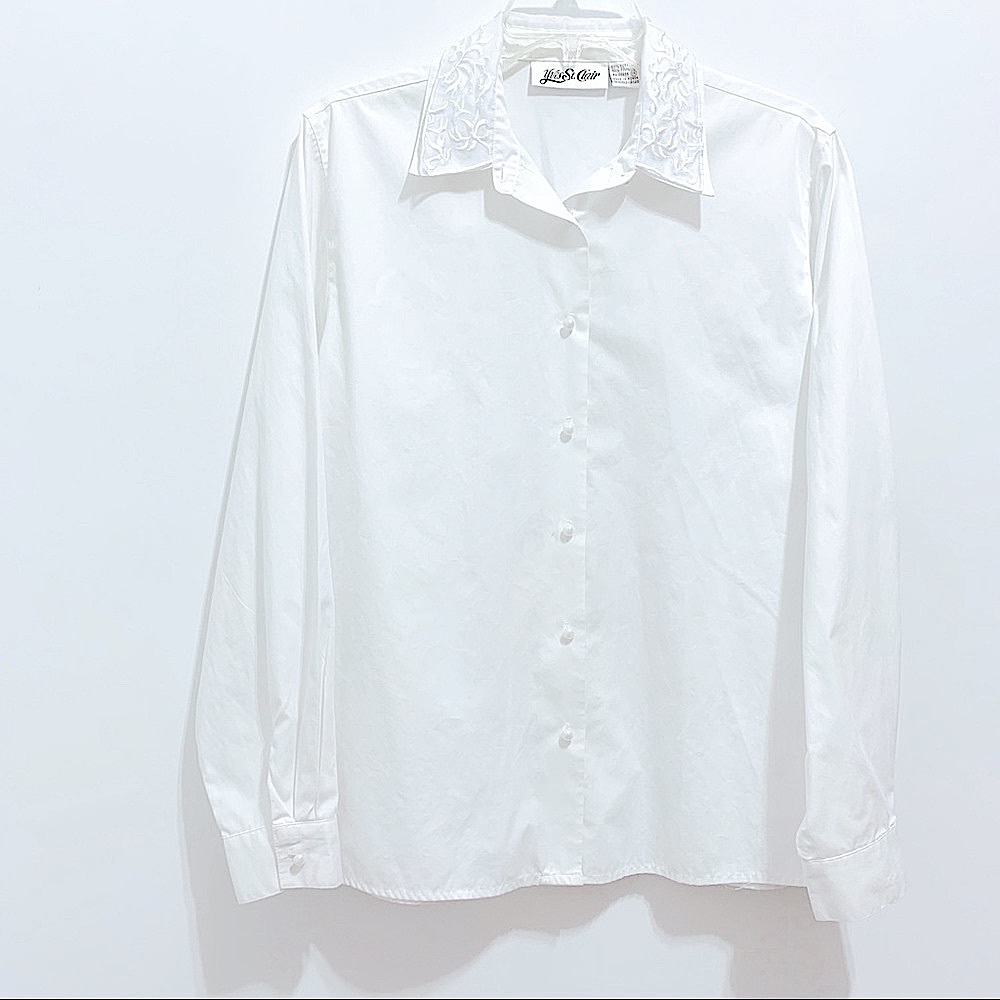 Yves St. Clair Women's White Poplin Lace Crochet Button Down Shirt, Embroidered